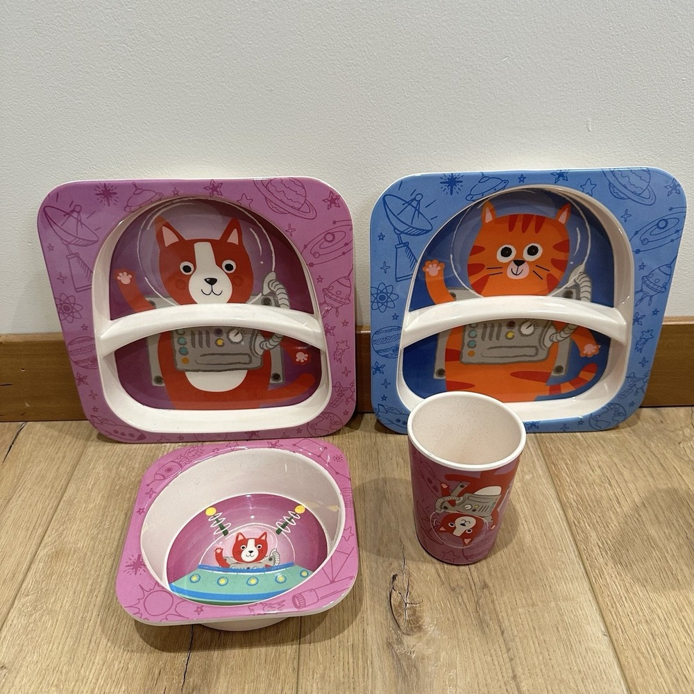 Kids Melamine Plates‎ Dishes Set Fabulous Home Bowl Cup Astronaut Cat Dog